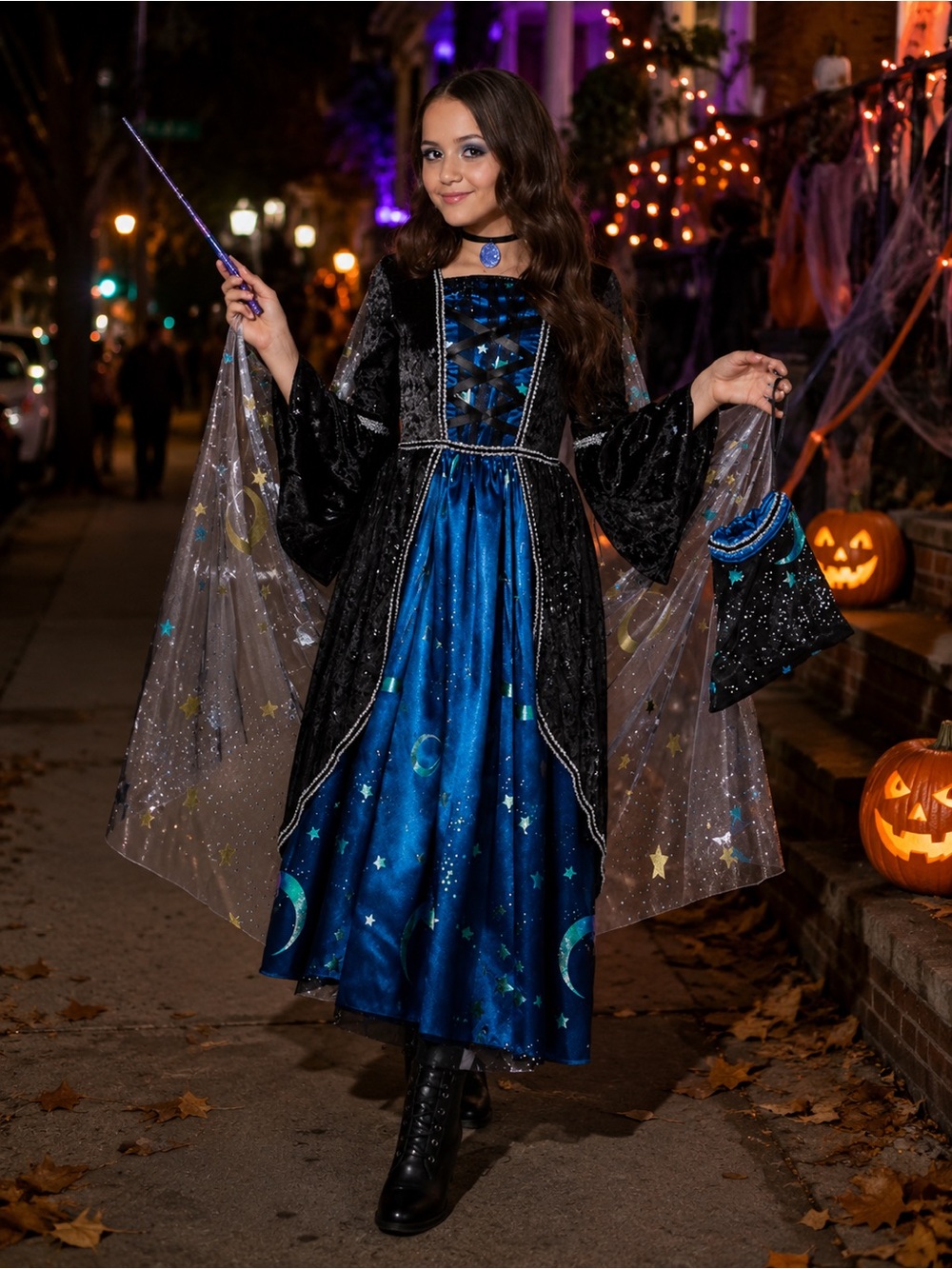 Spirit Halloween Black Blue Celestial Midnight Sorceress Costume Hooded Dress M